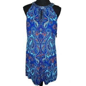 New! I.N.C Internacional Concepts Paisley Halter Beaded Collar Blue Dress Sz PL